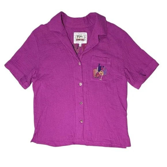 Johhny Was Biya Camp Shirt Womens XL Pink Desire Love Heart Floral Gauze Top - Picture 4 of 13